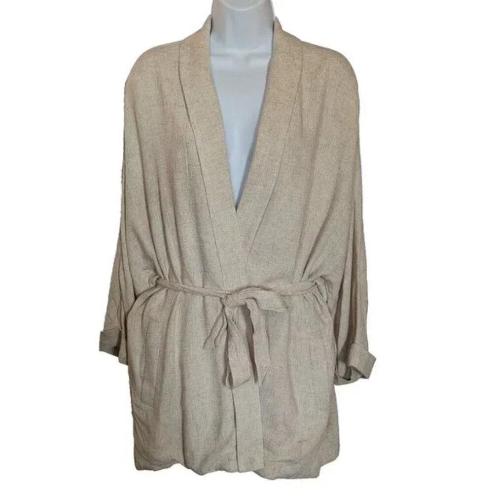 FRANK and OAK NWT  LINEN blend CARDIGAN Sz L OPEN or BELT beige INNER POCKETS